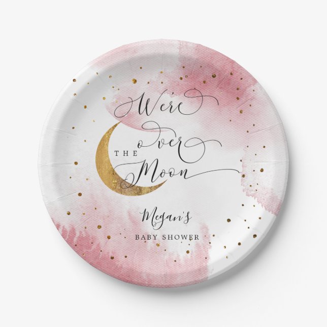 Plato De Papel Baby Shower "Pink Over the Moon Gold Stars" (Anverso)