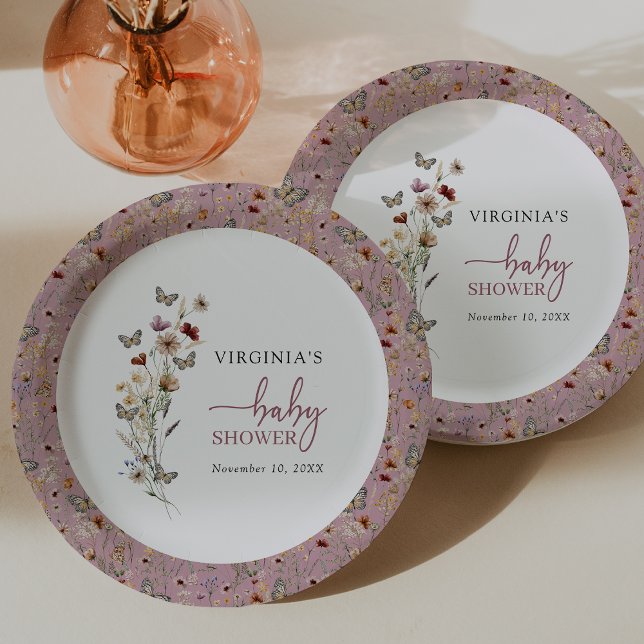Plato De Papel Baby Shower Pink Wildflower (Dusty Pink Wildflower Baby Shower Paper Plates by Painted Paperie
)