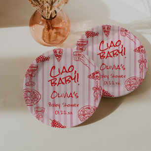Plato De Papel Baby Shower Pizza Rosa Ciao Rojo de Mano dibujada