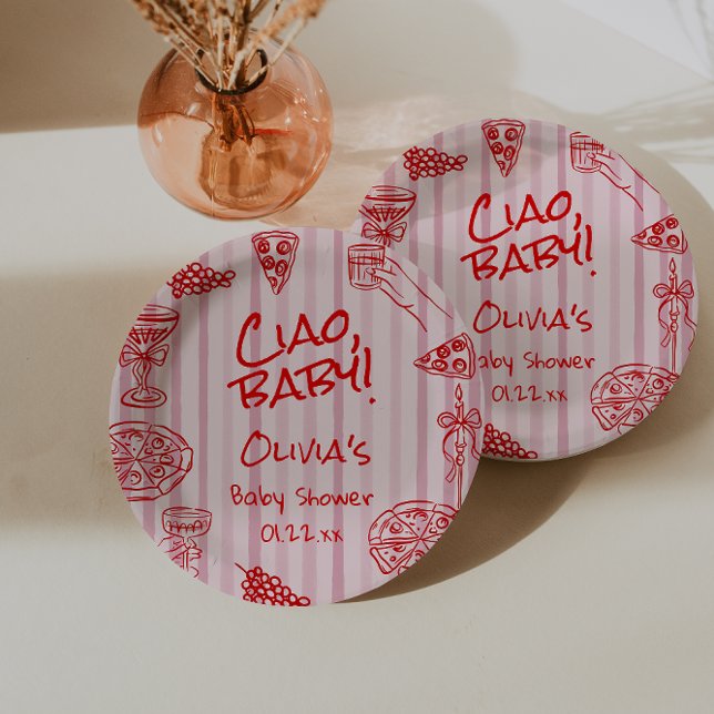 Plato De Papel Baby Shower Pizza Rosa Ciao Rojo de Mano dibujada (Subido por el creador)
