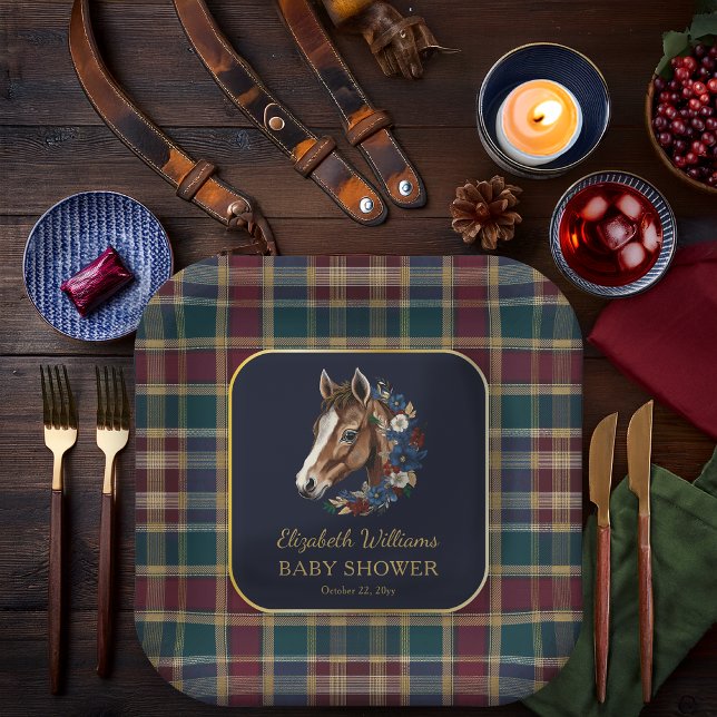 Plato De Papel Baby Shower Preppy Equestrian Foal Floral (Charming Classic Preppy Equestrian Foal and Floral Wreath |Plaid Boy Baby Shower Square Paper Plates)