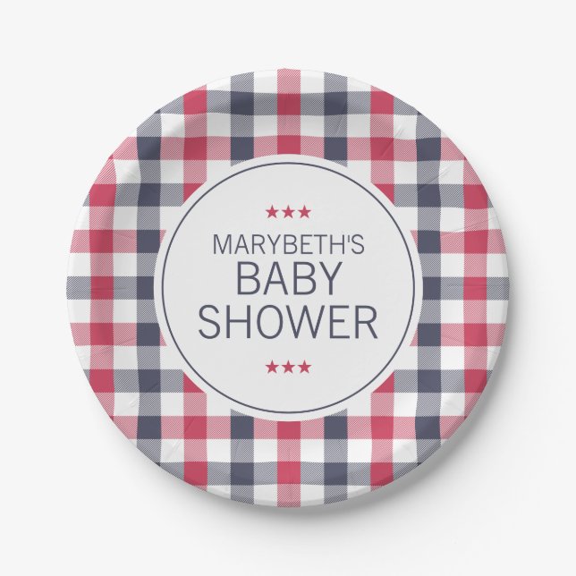 Plato De Papel Baby Shower preppy rojo, blanco y azul (Anverso)