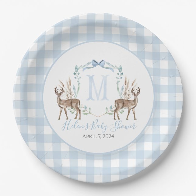 Plato De Papel Baby Shower Preppy Southern Blue Boy Deer (Anverso)