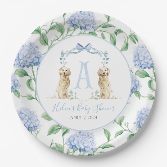 Plato De Papel Baby Shower Preppy Southern Blue Boy Dog (Anverso)