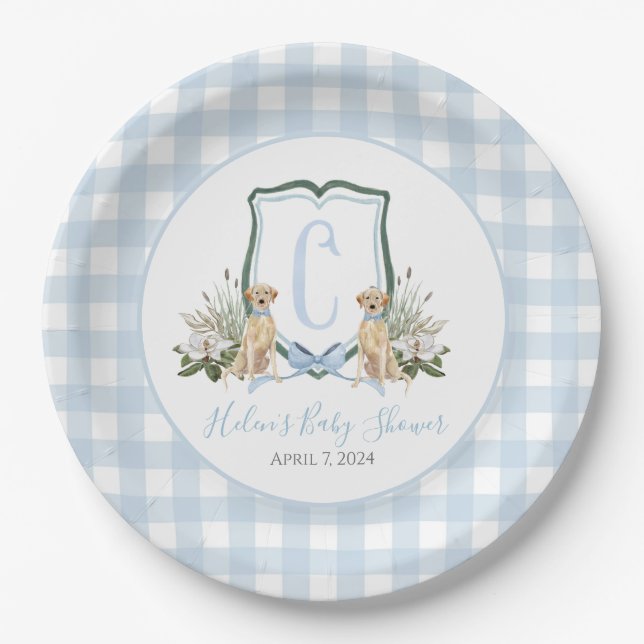 Plato De Papel Baby Shower Preppy Southern Blue Boy Dog (Anverso)