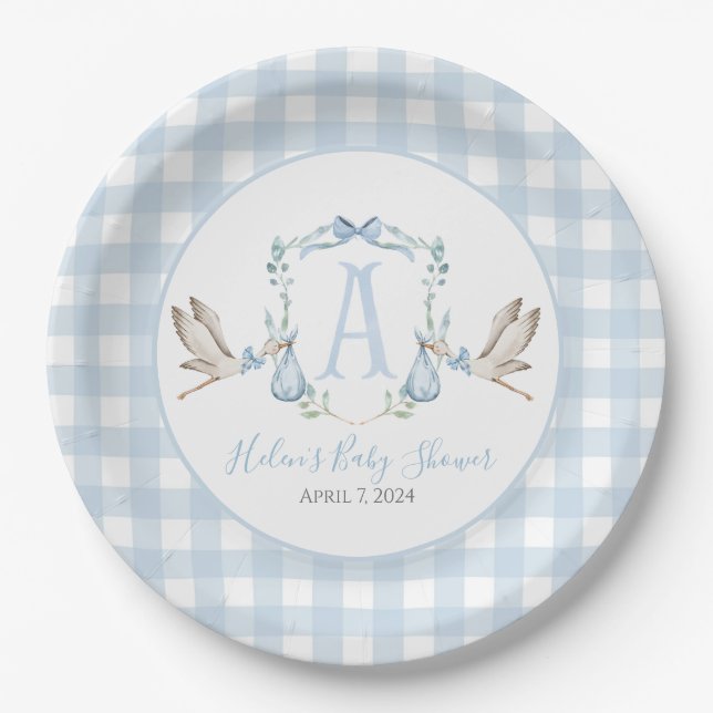 Plato De Papel Baby Shower Preppy Southern Blue Boy Stork (Anverso)