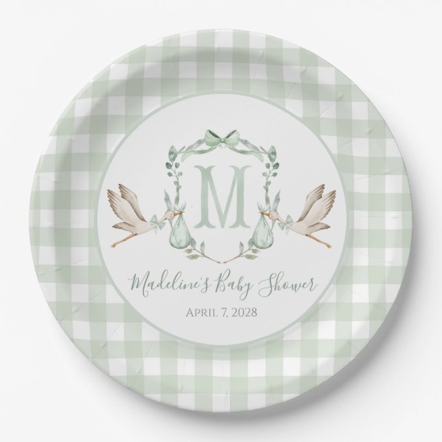 Plato De Papel Baby Shower Preppy Southern Green Stork (Anverso)