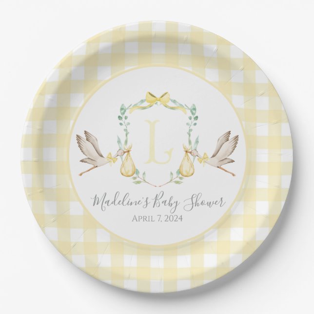 Plato De Papel Baby Shower Preppy Southern Yellow Stork (Anverso)