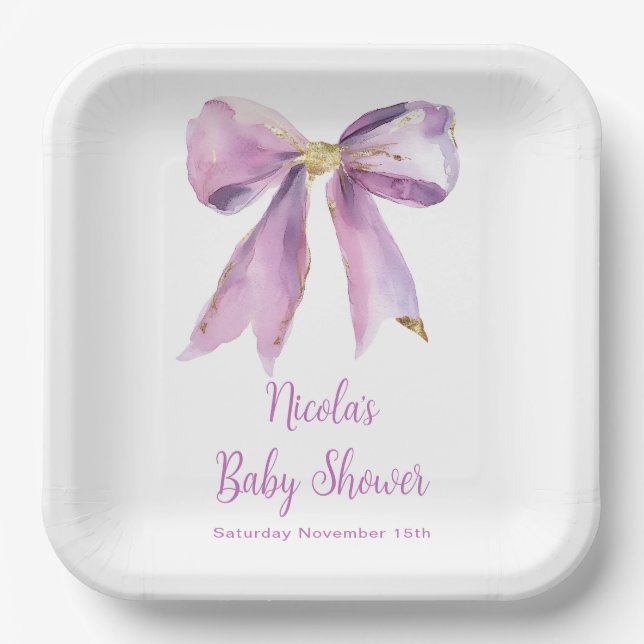 Plato De Papel Baby Shower Purple Coquette Bow (Anverso)