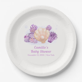Plato De Papel Baby Shower Purple Retro Pearl Seashell
