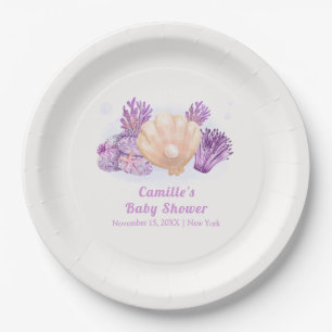 Plato De Papel Baby Shower Purple Retro Pearl Seashell