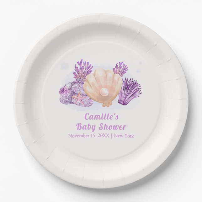 Plato De Papel Baby Shower Purple Retro Pearl Seashell (Anverso)