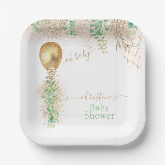 Plato De Papel Baby Shower Purpurina de Eucalyptus Gold Balloon (Anverso)