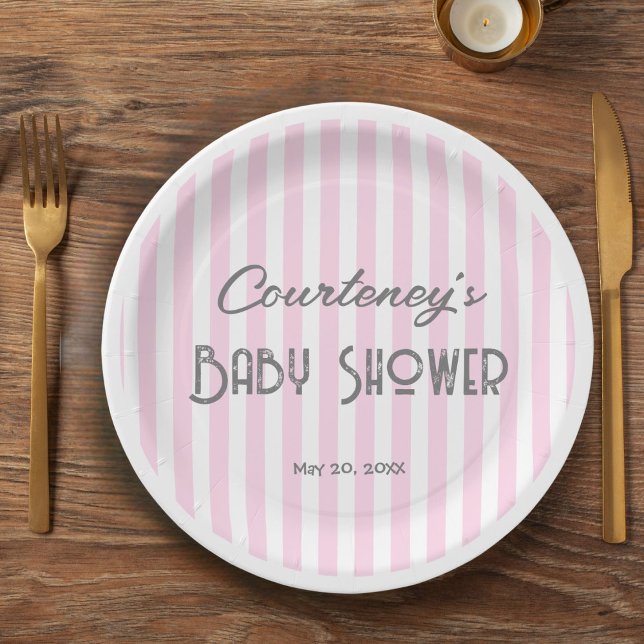Plato De Papel Baby Shower rayado minimalista rosado (Subido por el creador)
