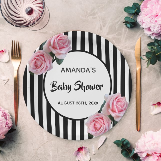 Plato De Papel Baby Shower rayas blancas negras rosas (Subido por el creador)