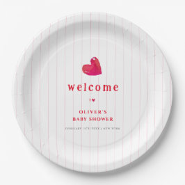 Plato De Papel Baby Shower Red Minimal Heart Stripe