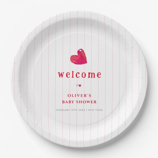 Plato De Papel Baby Shower Red Minimal Heart Stripe (Anverso)
