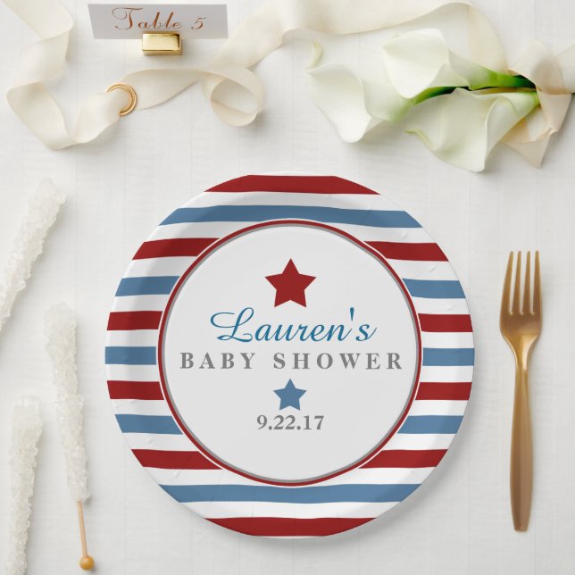 Plato De Papel Baby Shower rojo blanco y azul (Boda)