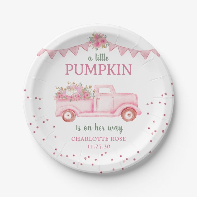 Plato De Papel Baby Shower rosa de calabaza pequeña (Anverso)