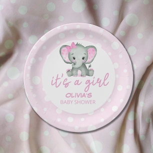 Plato De Papel Baby Shower rosa de elefante lindo