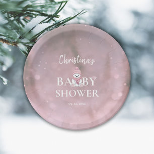 Plato De Papel Baby Shower rosa de oso de invierno suave