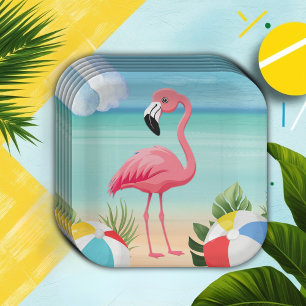 Plato De Papel Baby Shower rosa Flamingo de Summer Beach