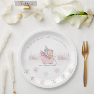 Plato De Papel Baby Shower Rosa Little Snowflake
