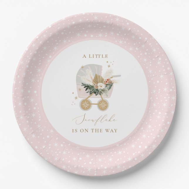Plato De Papel Baby Shower Rosa Little Snowflake (Anverso)