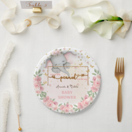 Plato De Papel Baby Shower rosado Purpurina elefante dorado