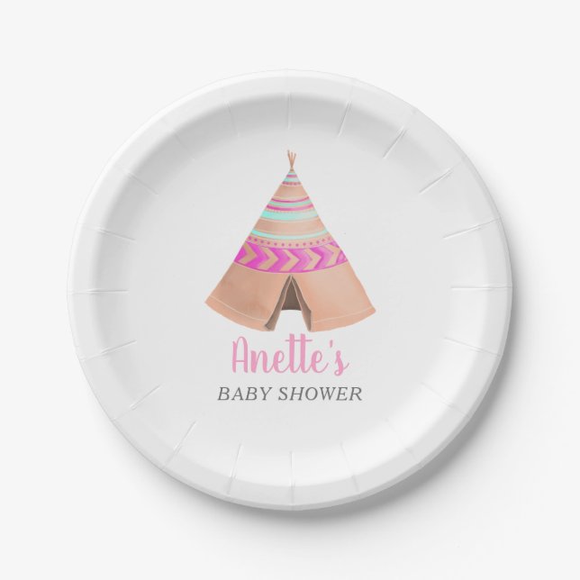 Plato De Papel Baby Shower rosado tribal Teepee (Anverso)