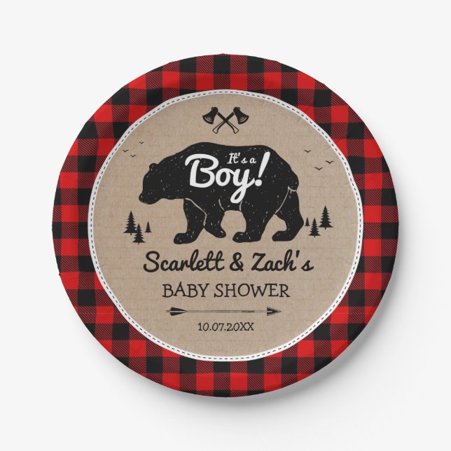 Plato De Papel Baby Shower Rustic Lumberjack Bear Boy (Anverso)
