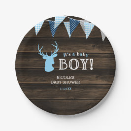 Plato De Papel Baby Shower Rustic Wood Blue Deer Boy