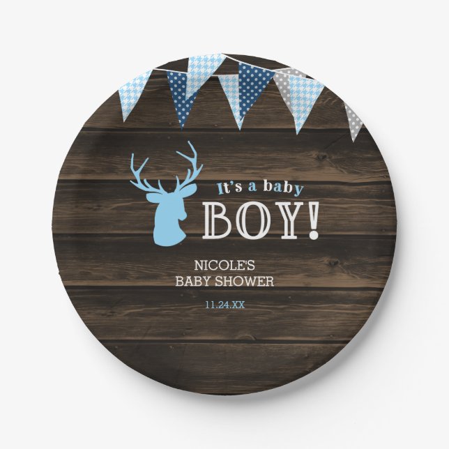 Plato De Papel Baby Shower Rustic Wood Blue Deer Boy (Anverso)