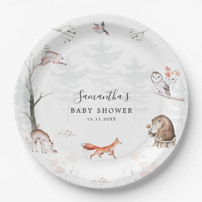 Plato De Papel Baby Shower Rustic Woodland Animales Forestales (Anverso)