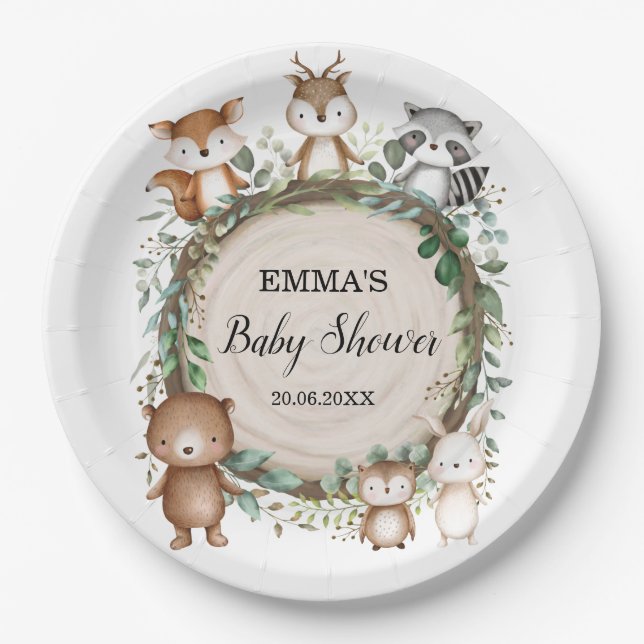 Plato De Papel Baby Shower Rustic Woodland Forest Animals (Anverso)