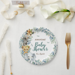 Plato De Papel Baby Shower Safari Animals Greenery