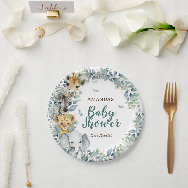 Plato De Papel Baby Shower Safari Animals Greenery (Boda)