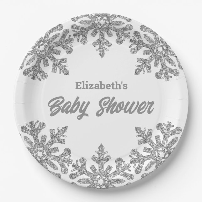 Plato De Papel Baby Shower Silver Snowflake Winter (Anverso)
