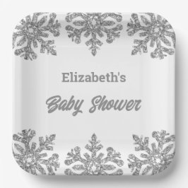 Plato De Papel Baby Shower Silver Snowflake Winter