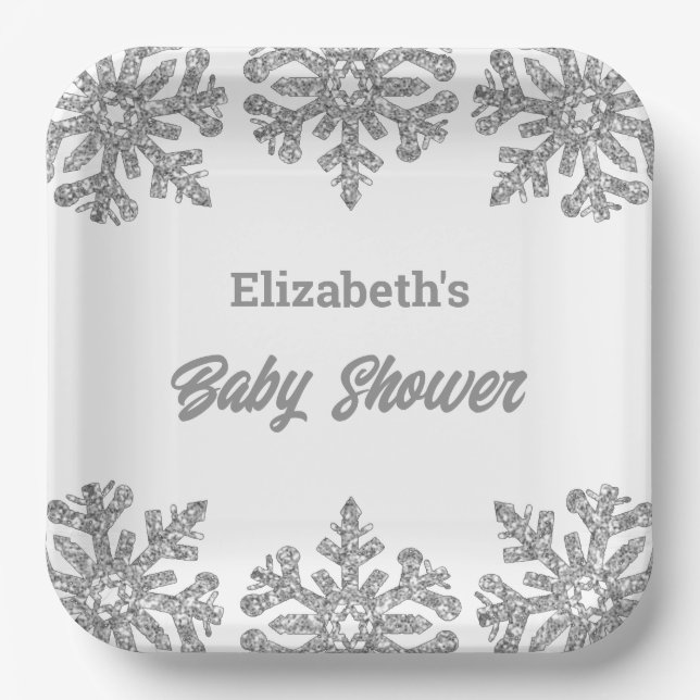 Plato De Papel Baby Shower Silver Snowflake Winter (Anverso)