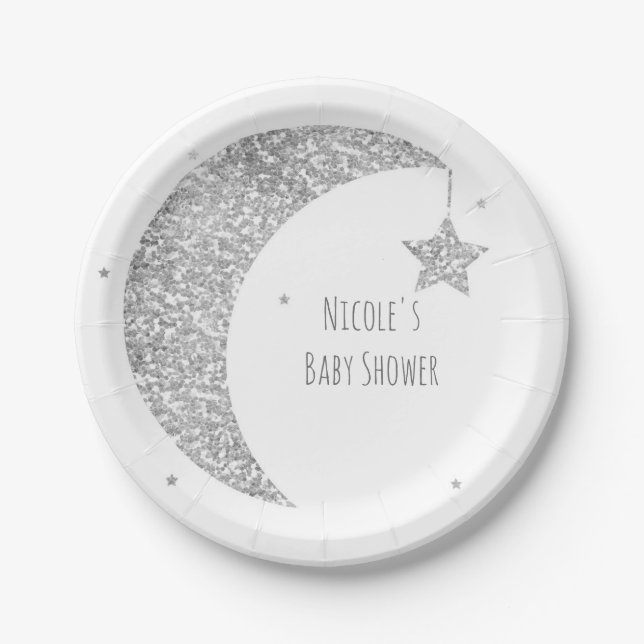 Plato De Papel Baby Shower Silver y White Moon & Stars (Anverso)