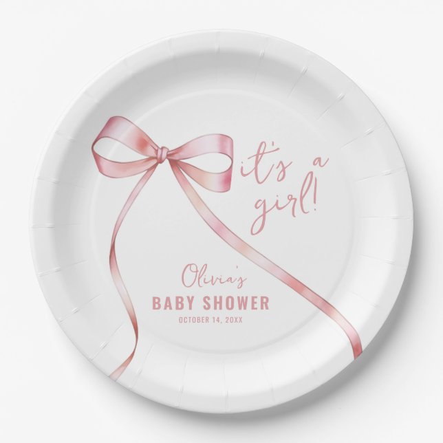 Plato De Papel Baby Shower simple Chica de arco rosado (Anverso)