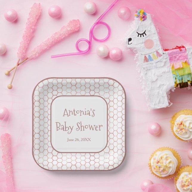 Plato De Papel Baby Shower simple de colmena rosa blanca