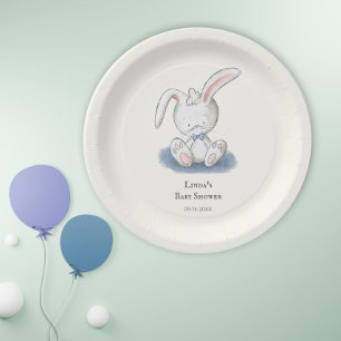 Plato De Papel Baby Shower simple de ligamento azul de conejo bla