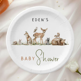 Plato De Papel Baby Shower Simple Forest Woodland Animals
