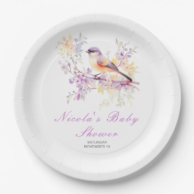Plato De Papel Baby Shower Spring Cute Bird (Anverso)