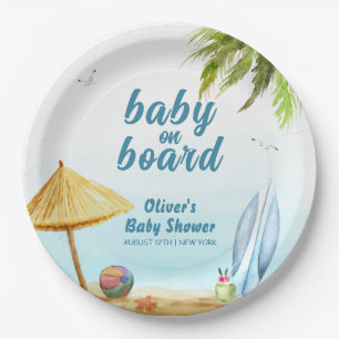 Plato De Papel Baby Shower Summer Beach Ocean Surfboard
