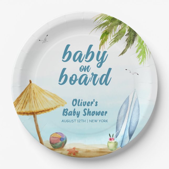 Plato De Papel Baby Shower Summer Beach Ocean Surfboard (Anverso)