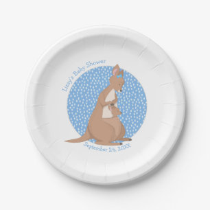 Plato De Papel Baby Shower Tan canguro y patrón azul