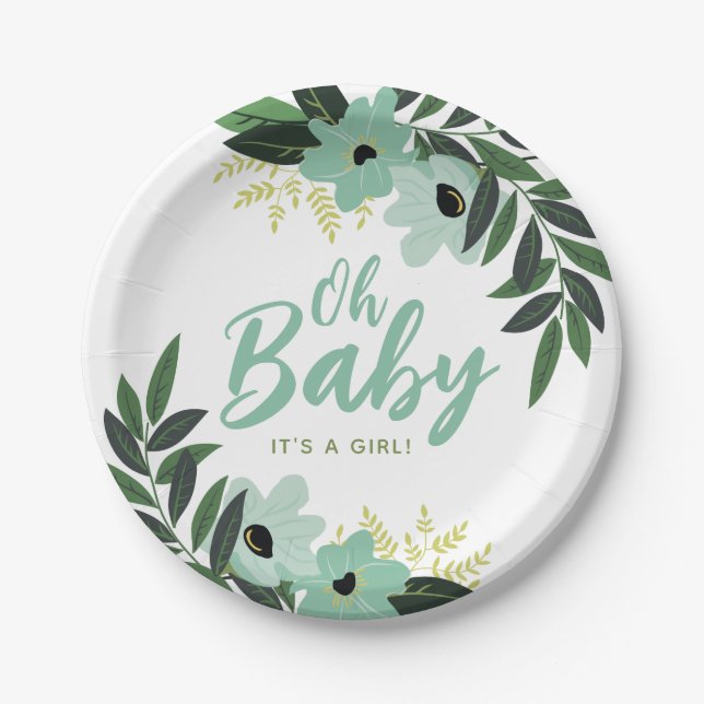 Plato De Papel Baby Shower Tropical Floral Personalizado (Anverso)
